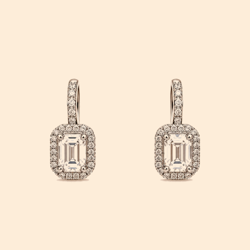 Дамски златни обеци 14К с бели камъни Emerald Cut и ореол 3.45 гр.