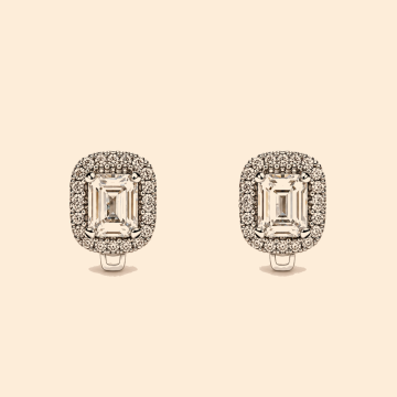 Дамски златни обеци 14К с бели камъни Emerald Cut и двоен ореол 3.95 гр.