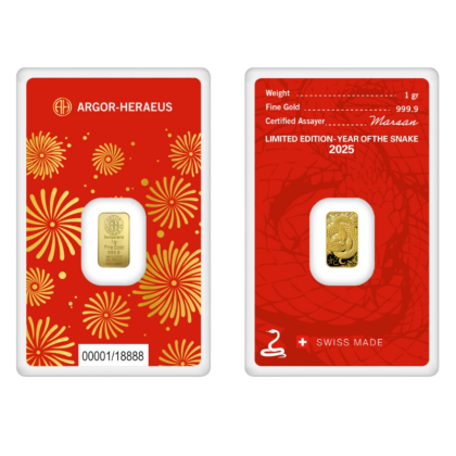 Златно кюлче Argor-Heraeus 1 g — щамповано Година на Змията 2025 (.9999)