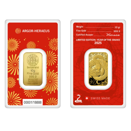 Златно кюлче Argor-Heraeus 10 g — щамповано Година на Змията 2025 (.9999)