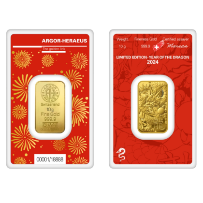 Златно кюлче Argor-Heraeus 10 g — щамповано Година на Дракона 2024 (.9999)