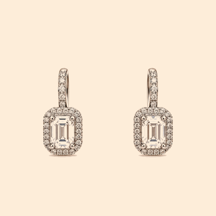 Дамски златни обеци 14К с бели камъни Emerald Cut и ореол 3.45 гр.