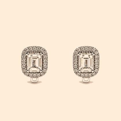 Дамски златни обеци 14К с бели камъни Emerald Cut и двоен ореол 3.95 гр.