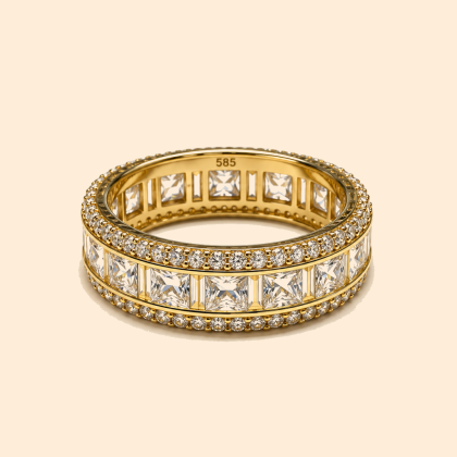 Дамски златен пръстен 14К с бели камъни Princess Cut и Round Cut 4.07 гр.