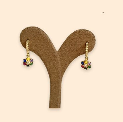 Дамски златни висящи обеци 14К с цветни камъни тип цвете 2.78 гр.