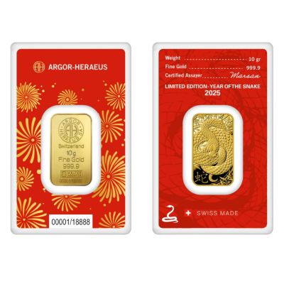 Златно кюлче Argor-Heraeus 10 g — щамповано Година на Змията 2025 (.9999)