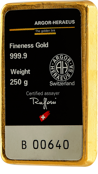 Златно кюлче Argor-Heraeus 250 g — отлято Classic (.9999)