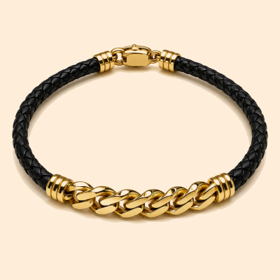 Мъжка златна гривна 14К с черна плетена основа и Cuban Link елемент 5.66 гр.