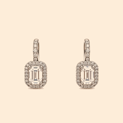 Дамски златни обеци 14К с бели камъни Emerald Cut и ореол 3.45 гр.