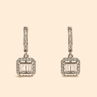 Дамски златни висящи обеци 14К с бели камъни Emerald Cut и ореол 3.76 гр.