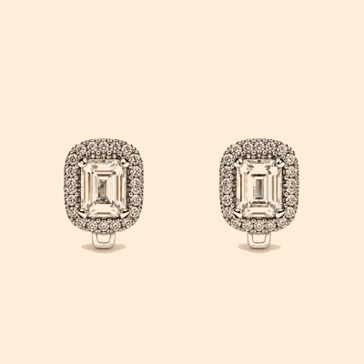 Дамски златни обеци 14К с бели камъни Emerald Cut и двоен ореол 3.95 гр.