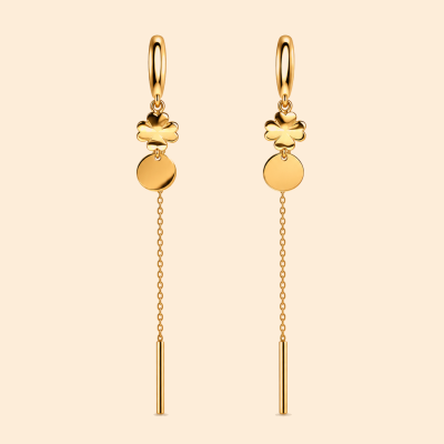 Дамски златни висящи обеци 14К с четирилистни детелини, кръгли елементи и фини верижки 2.11 гр.