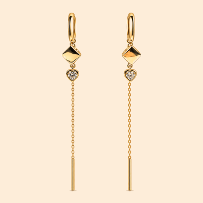 Дамски златни висящи обеци 14К с бели камъни във формата на сърца и ромбовидни елементи 2.16 гр.